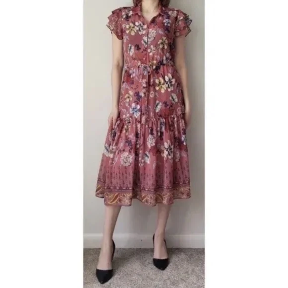 MISA Los Angeles Violette Pink Midi Floral Ruffle Dress - Size XS